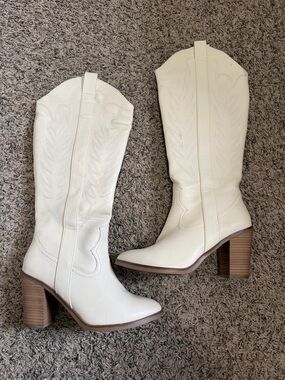 MIA Cream Western Block Heel Knee-High Boots - Women's